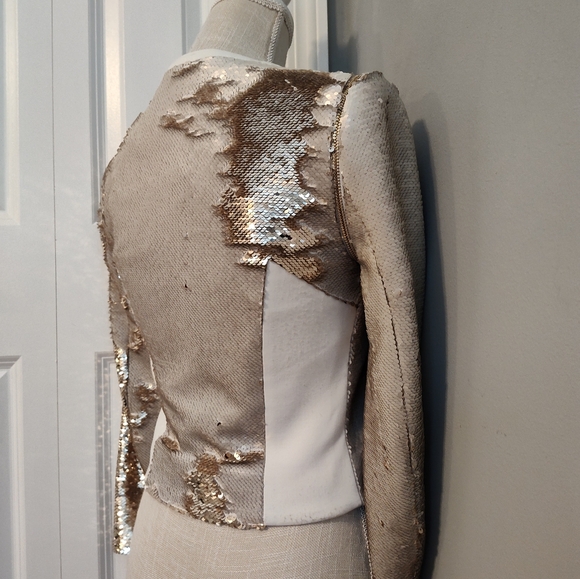 😍EUC TED BAKER LONDON Blubele Sequined Cropped Cocktail Jacket, White/Gold, 0 - Picture 10 of 15